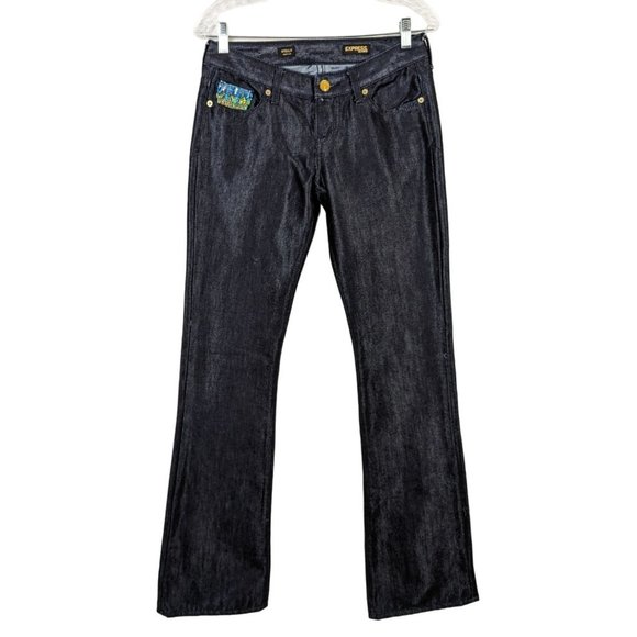 Express Boot Leg Stella glittery sequins mid rise dark blue jeans sz 2 Length 34 - Picture 1 of 5